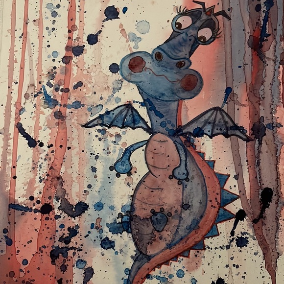 Unframed Original Art Watercolour Splash Expressionism Goofy Dragon Painting - Picture 3 of 5